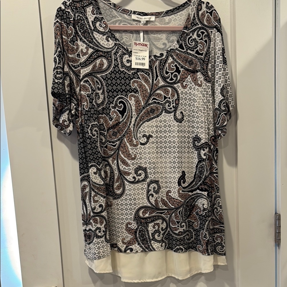 Paisley Print Women's Top - Black, Brown, and Cream